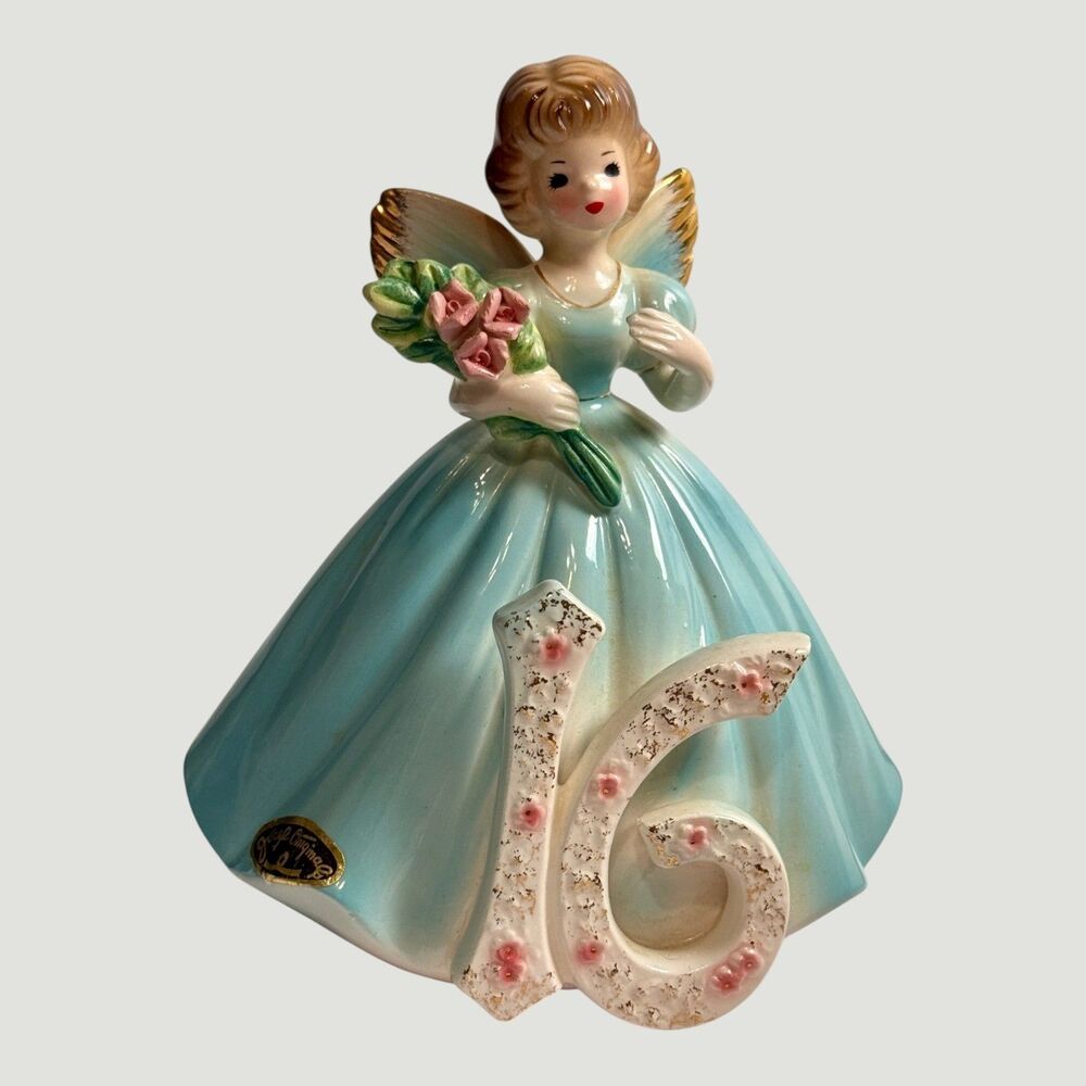 Josef Originals Sweet Sixteen Porcelain Angel Figurine Aqua 5.5in